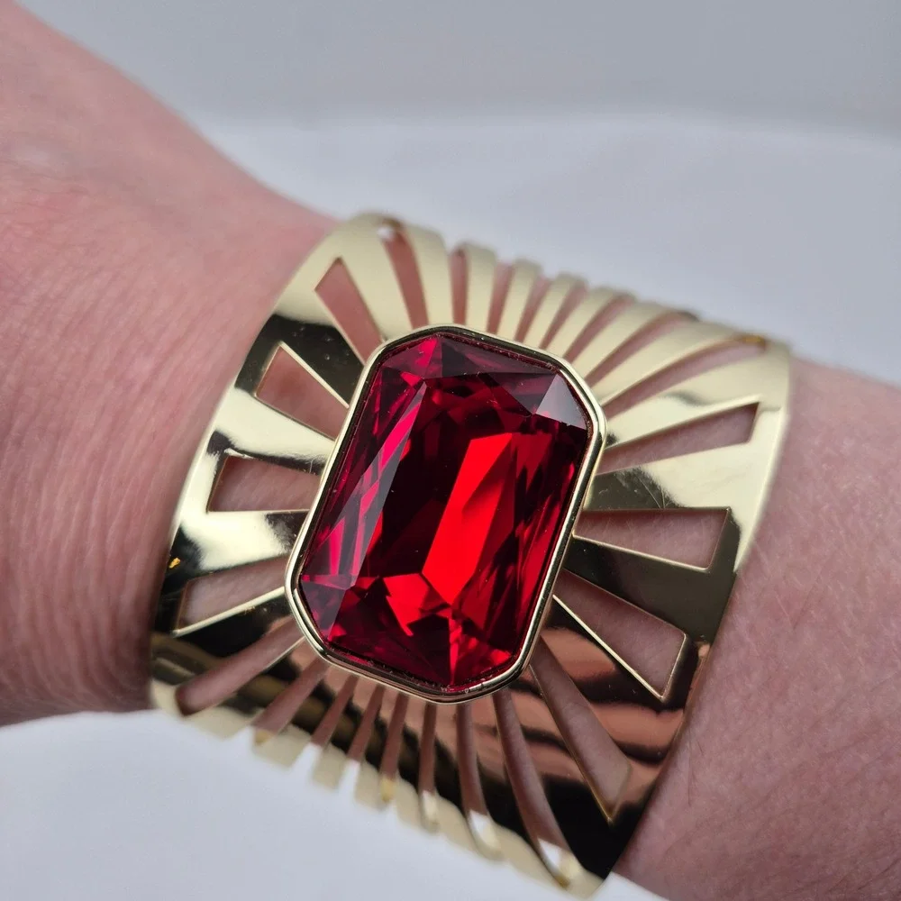 Heidi Daus Sunray Goldtone Octagonal Stone Cuff Bracelet Red Art Deco Style NWOT